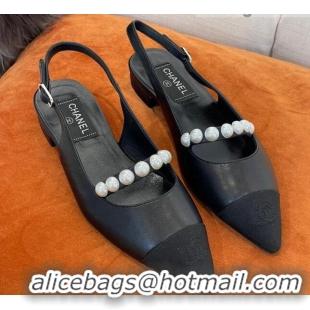 Stylish Chanel Lambskin Slingback Ballerinas with Pearls Black 2022 032672