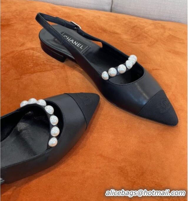 Stylish Chanel Lambskin Slingback Ballerinas with Pearls Black 2022 032672