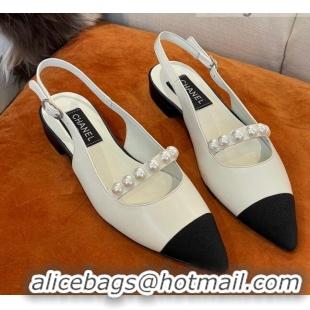 Perfect Chanel Lambskin Slingback Ballerinas with Pearls White 2022 032673