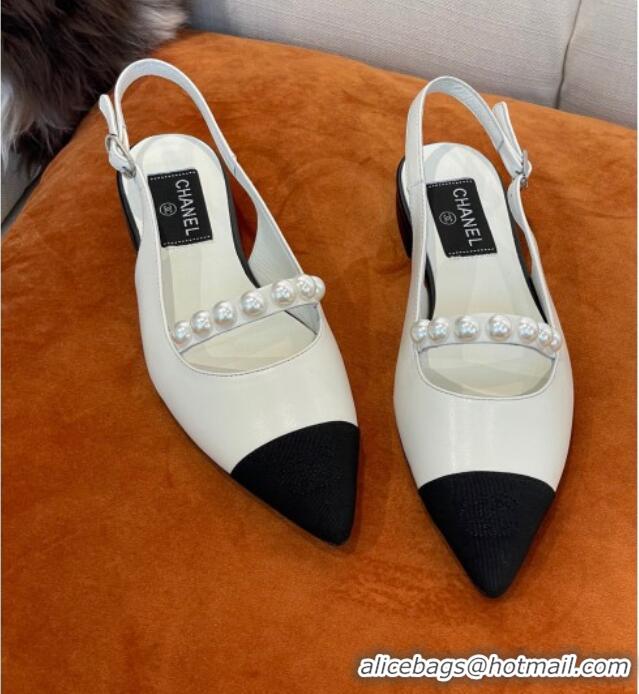 Perfect Chanel Lambskin Slingback Ballerinas with Pearls White 2022 032673