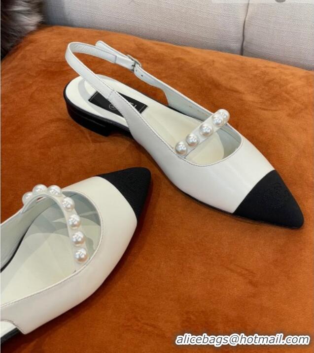 Perfect Chanel Lambskin Slingback Ballerinas with Pearls White 2022 032673