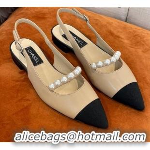 Charming Chanel Lambskin Slingback Ballerinas with Pearls Beige 032674