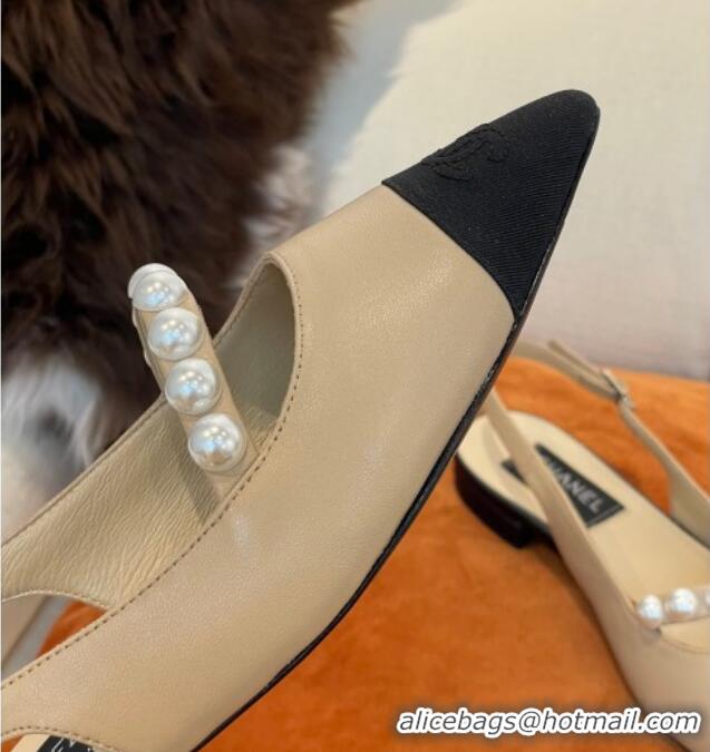 Charming Chanel Lambskin Slingback Ballerinas with Pearls Beige 032674