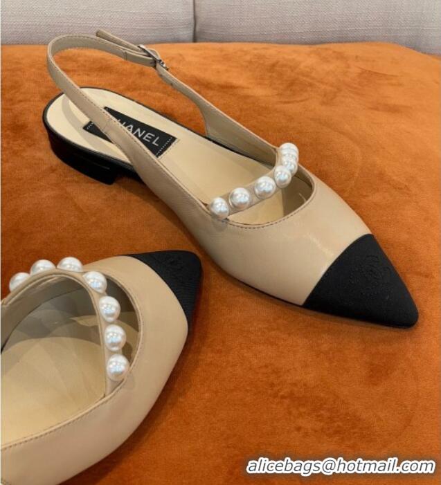 Charming Chanel Lambskin Slingback Ballerinas with Pearls Beige 032674