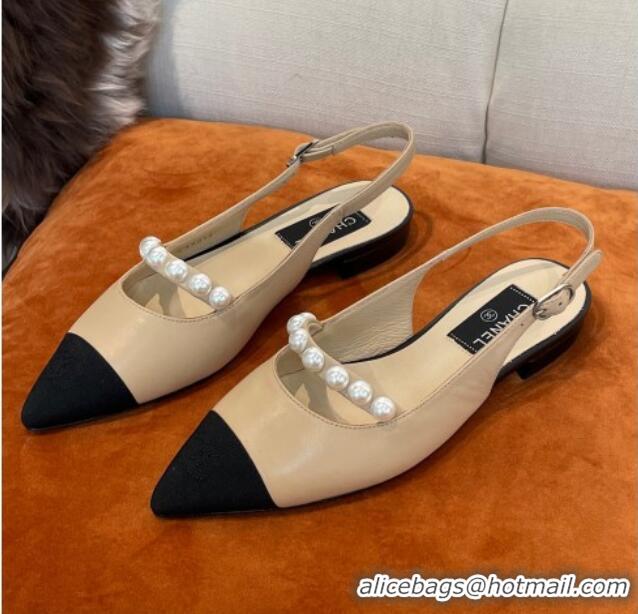 Charming Chanel Lambskin Slingback Ballerinas with Pearls Beige 032674