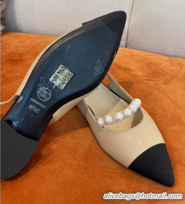 Charming Chanel Lambskin Slingback Ballerinas with Pearls Beige 032674