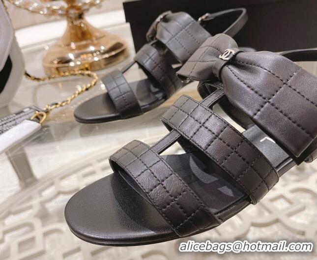 Good Quality Chanel Quilted Lambskin Flat Sandals with Bow Black 032801