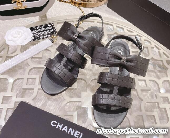 Good Quality Chanel Quilted Lambskin Flat Sandals with Bow Black 032801