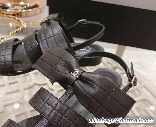 Good Quality Chanel Quilted Lambskin Flat Sandals with Bow Black 032801