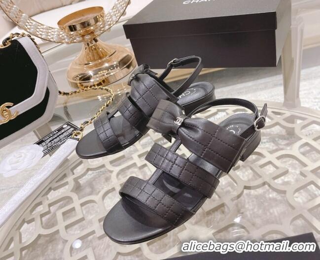 Good Quality Chanel Quilted Lambskin Flat Sandals with Bow Black 032801