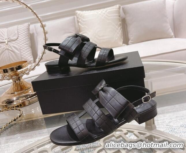 Good Quality Chanel Quilted Lambskin Flat Sandals with Bow Black 032801