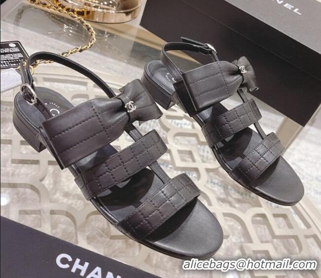 Good Quality Chanel Quilted Lambskin Flat Sandals with Bow Black 032801