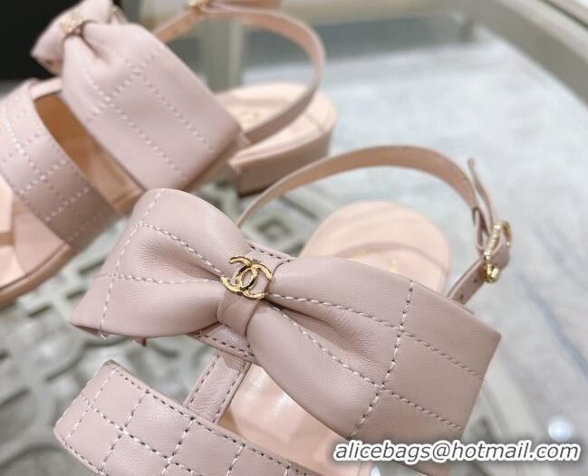 Low Cost Chanel Quilted Lambskin Flat Sandals with Bow Pink 032802