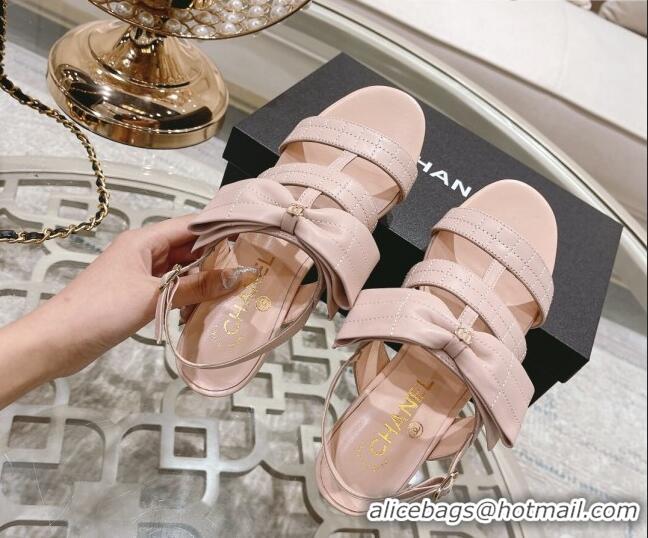 Low Cost Chanel Quilted Lambskin Flat Sandals with Bow Pink 032802