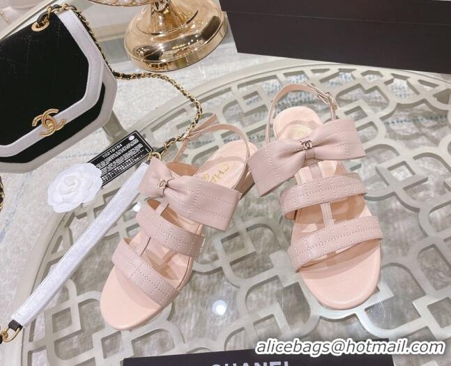 Low Cost Chanel Quilted Lambskin Flat Sandals with Bow Pink 032802