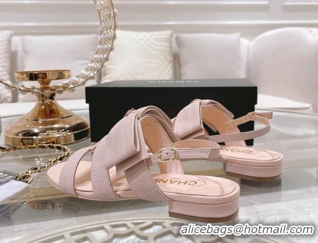 Low Cost Chanel Quilted Lambskin Flat Sandals with Bow Pink 032802