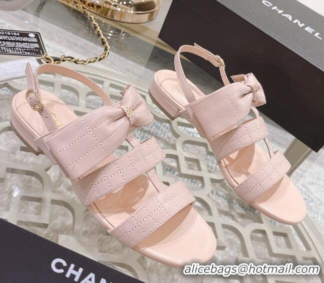 Low Cost Chanel Quilted Lambskin Flat Sandals with Bow Pink 032802