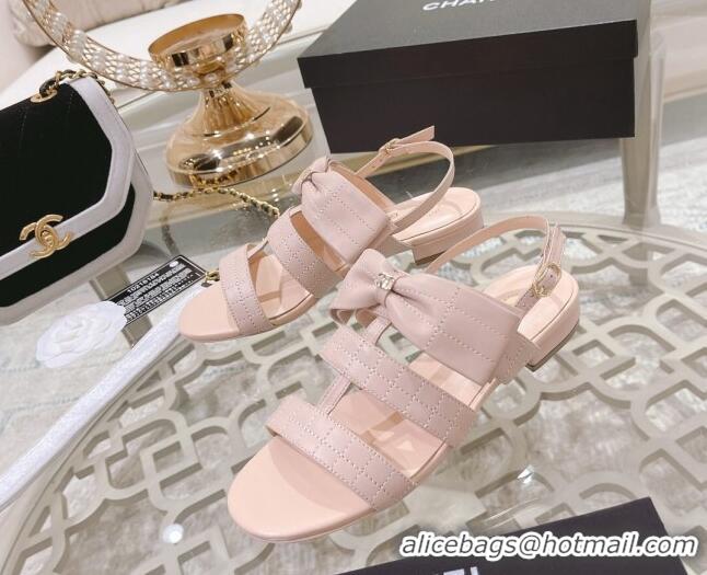 Low Cost Chanel Quilted Lambskin Flat Sandals with Bow Pink 032802