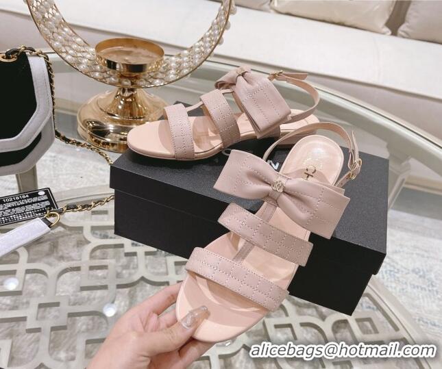 Low Cost Chanel Quilted Lambskin Flat Sandals with Bow Pink 032802