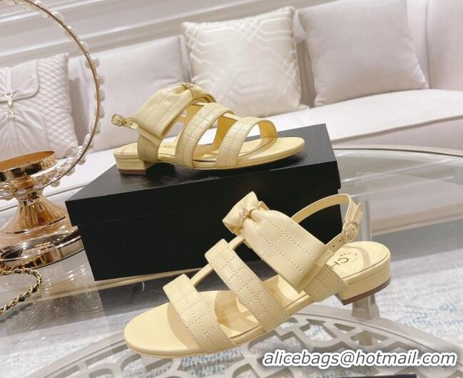 Luxurious Chanel Quilted Lambskin Flat Sandals with Bow Yellow 2022 032803