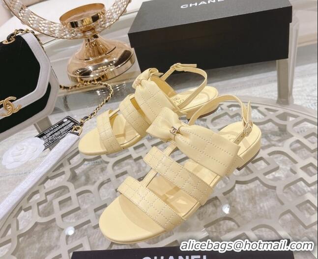 Luxurious Chanel Quilted Lambskin Flat Sandals with Bow Yellow 2022 032803