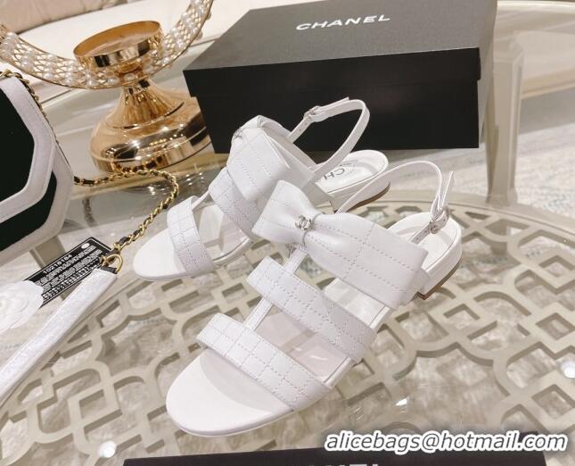 Durable Chanel Quilted Lambskin Flat Sandals with Bow White 2022 032804