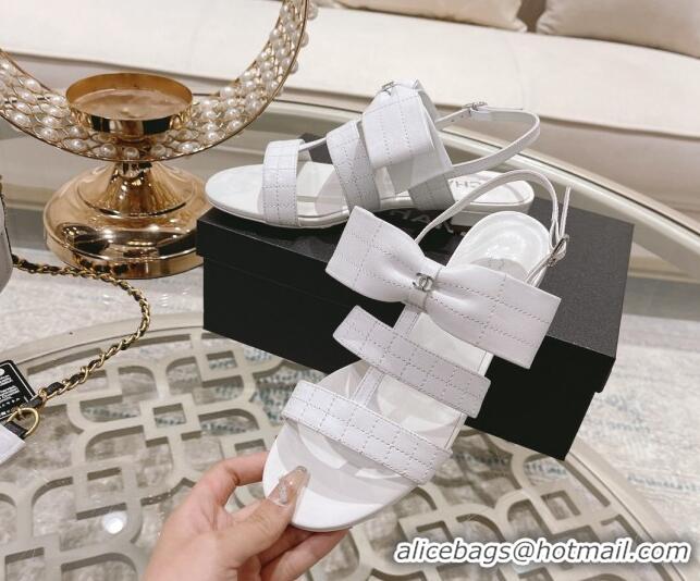 Durable Chanel Quilted Lambskin Flat Sandals with Bow White 2022 032804