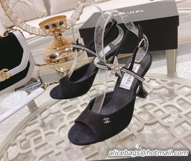 Cheap Price Chanel Suede Heel Sandals with Pearl and Star Charm 8cm Black 032805