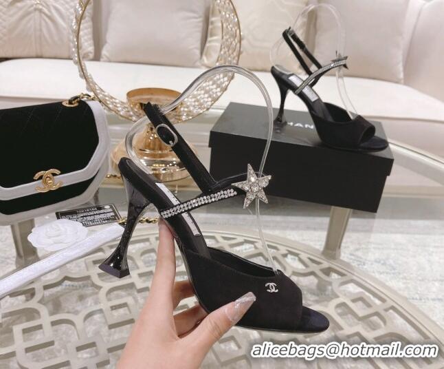 Cheap Price Chanel Suede Heel Sandals with Pearl and Star Charm 8cm Black 032805