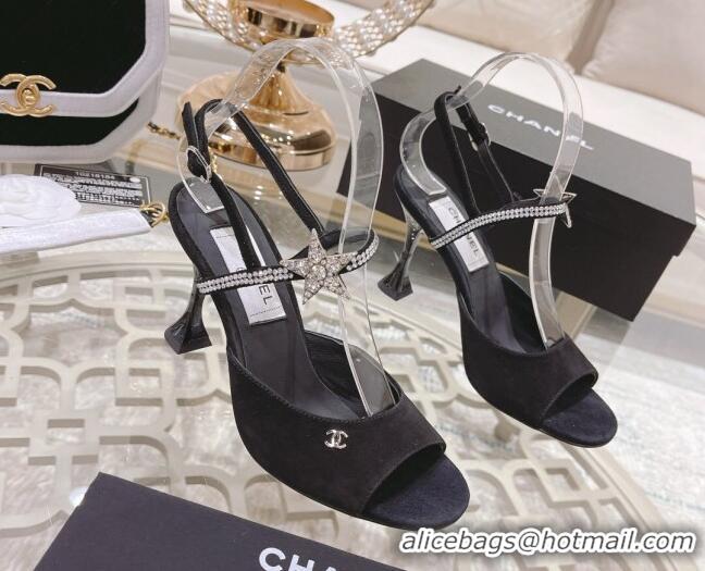 Cheap Price Chanel Suede Heel Sandals with Pearl and Star Charm 8cm Black 032805