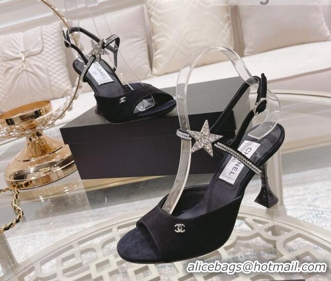 Cheap Price Chanel Suede Heel Sandals with Pearl and Star Charm 8cm Black 032805