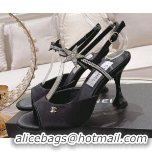 Top Grade Chanel Silk Heel Sandals with Pearl and Star Charm 8cm Black 032806