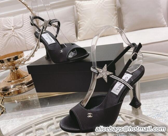 Top Grade Chanel Silk Heel Sandals with Pearl and Star Charm 8cm Black 032806