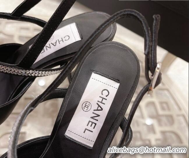 Top Grade Chanel Silk Heel Sandals with Pearl and Star Charm 8cm Black 032806