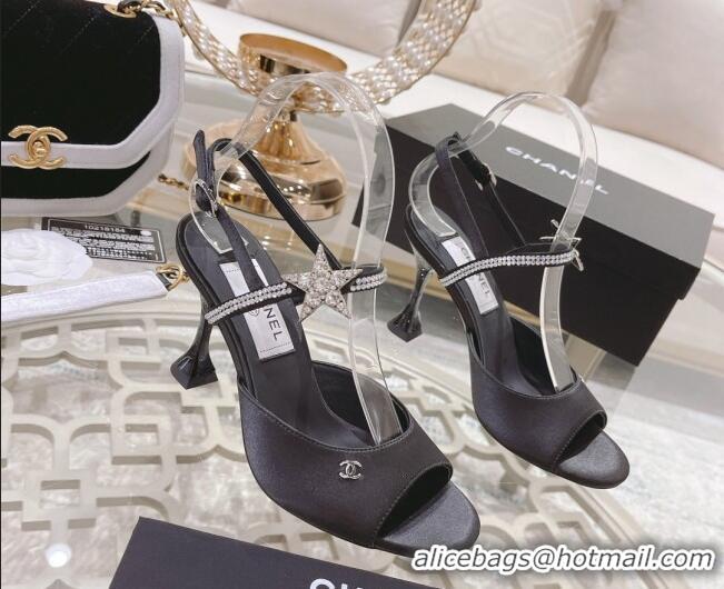 Top Grade Chanel Silk Heel Sandals with Pearl and Star Charm 8cm Black 032806