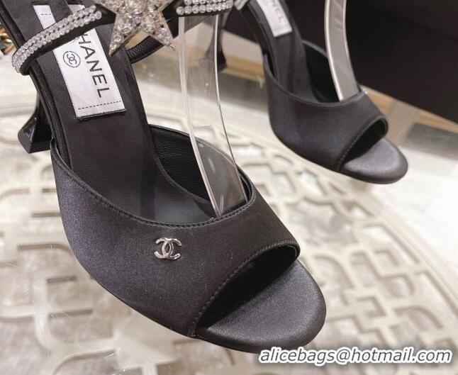 Top Grade Chanel Silk Heel Sandals with Pearl and Star Charm 8cm Black 032806