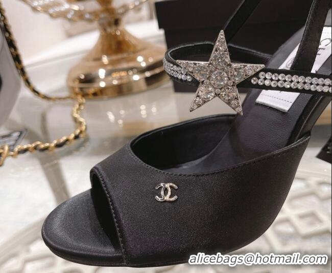 Top Grade Chanel Silk Heel Sandals with Pearl and Star Charm 8cm Black 032806