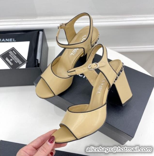 Good Looking Chanel High Heel Chain Sandals 8.5cm Beige 032817