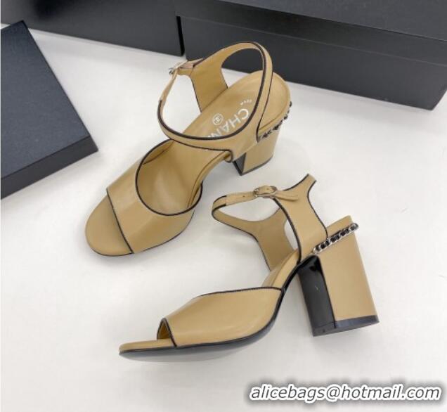 Good Looking Chanel High Heel Chain Sandals 8.5cm Beige 032817