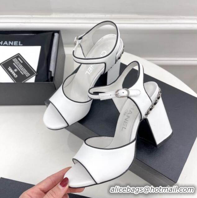 Pretty Style Chanel High Heel Chain Sandals 8.5cm White 032818