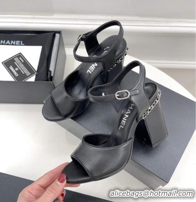 Feminine Chanel High Heel Chain Sandals 8.5cm Black 032819