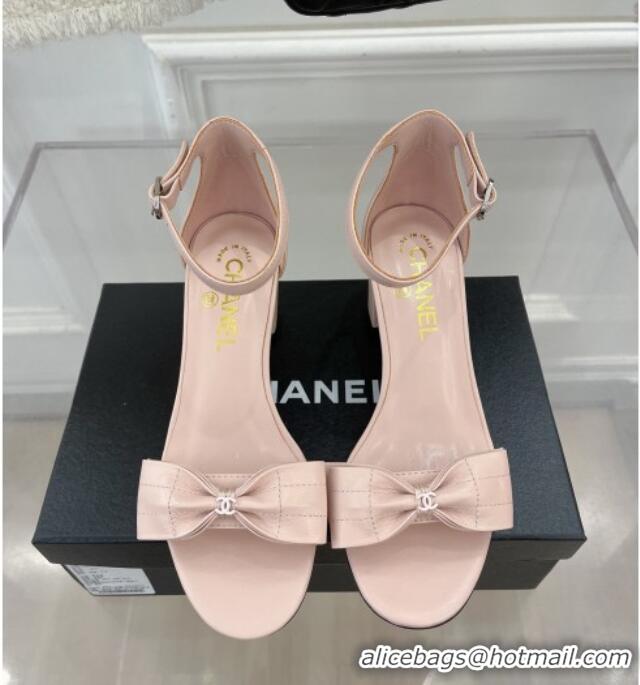 Stylish Chanel Meidum Heel Sandals with Bow 6cm Pink 2022 032822