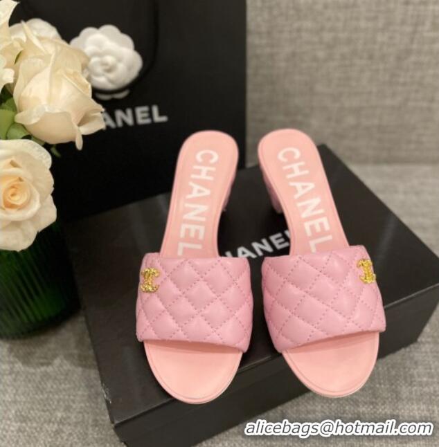 Perfect Chanel Quilted Lambskin Heel Slide Sandals 6cm G38820 Light Pink