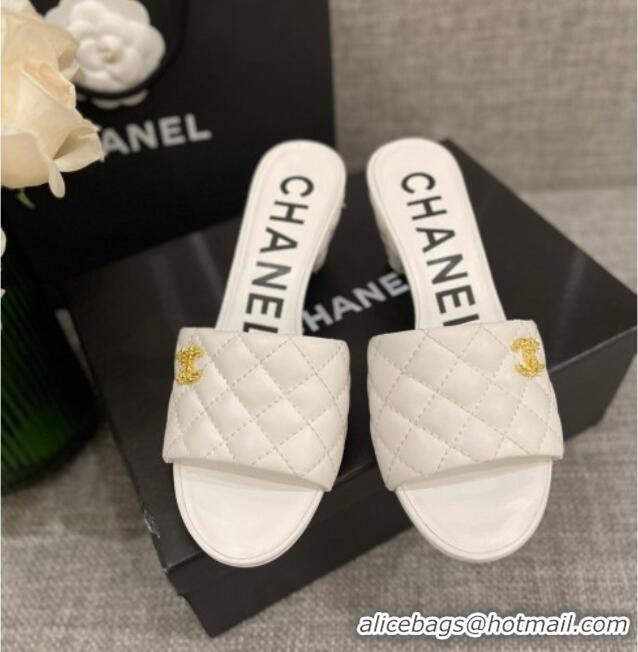 Perfect Chanel Quilted Lambskin Heel Slide Sandals 6cm G38820 White