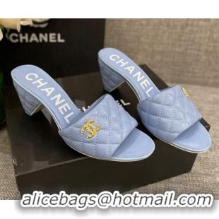 Discount Chanel Quilted Lambskin Heel Slide Sandals 6cm G38820 Light Blue