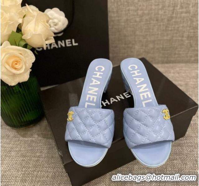 Discount Chanel Quilted Lambskin Heel Slide Sandals 6cm G38820 Light Blue