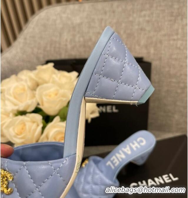 Discount Chanel Quilted Lambskin Heel Slide Sandals 6cm G38820 Light Blue