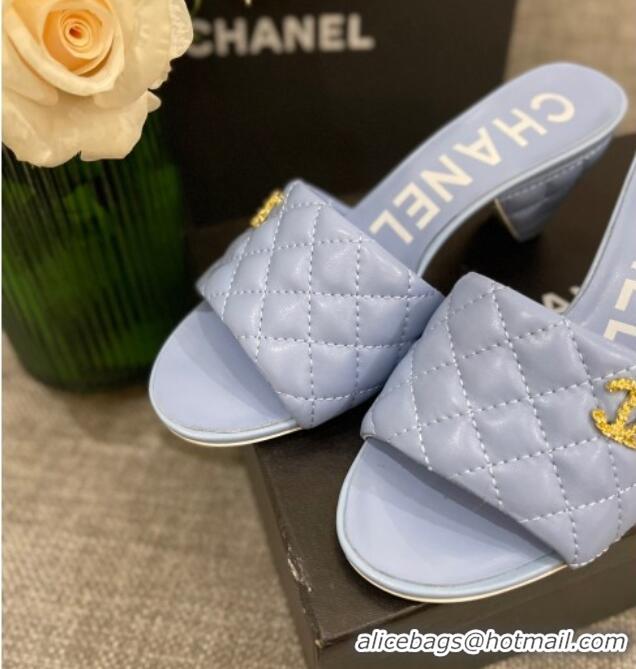 Discount Chanel Quilted Lambskin Heel Slide Sandals 6cm G38820 Light Blue