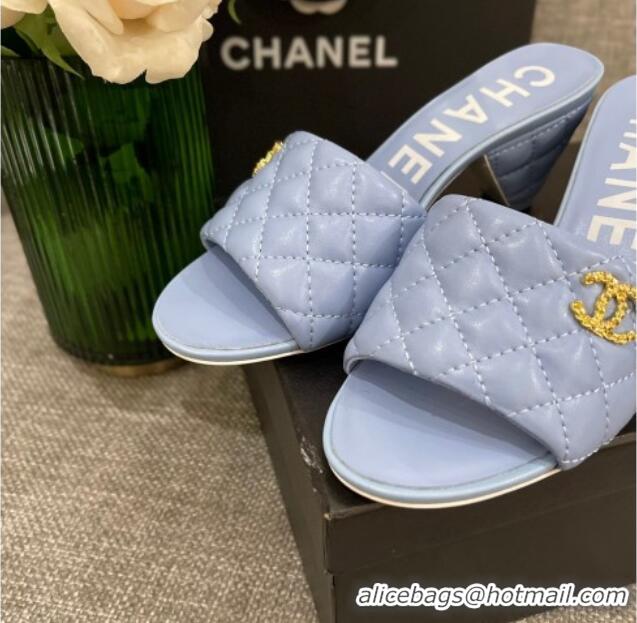 Discount Chanel Quilted Lambskin Heel Slide Sandals 6cm G38820 Light Blue