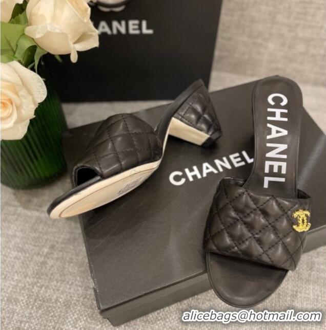 Comfortable Chanel Quilted Lambskin Heel Slide Sandals 6cm G38820 Black